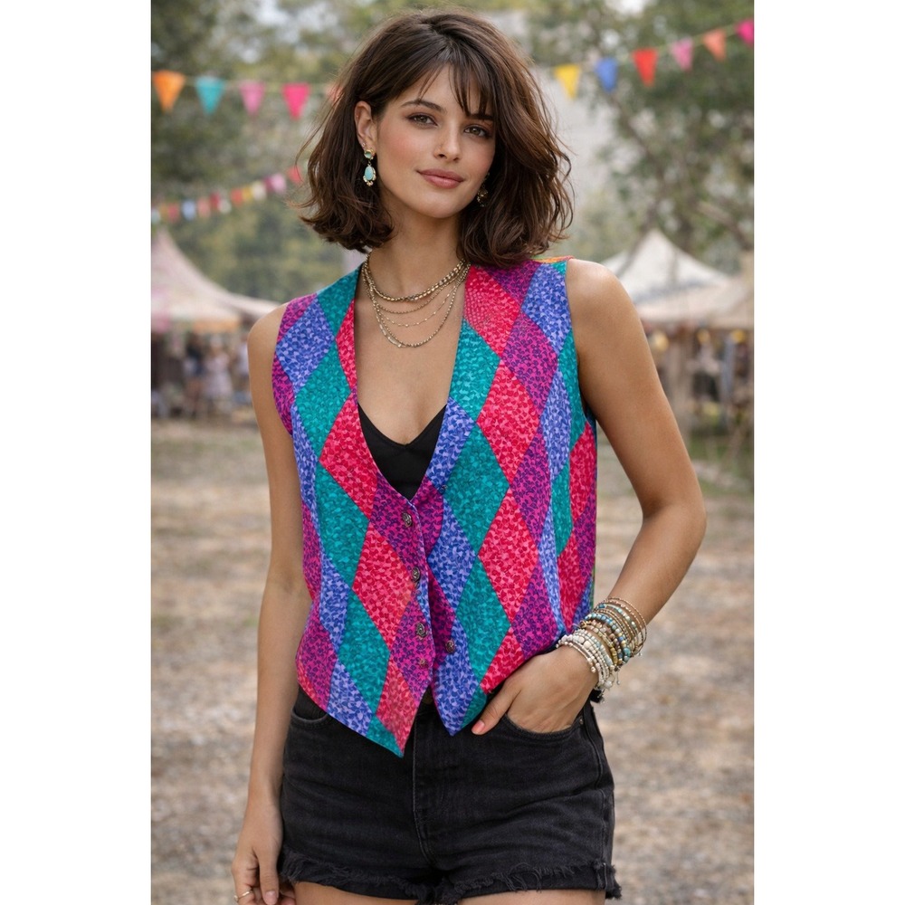 Jeremy Womens Geometric Diamond Print Vest Silk Black Lined V-Neck Sleeveless M